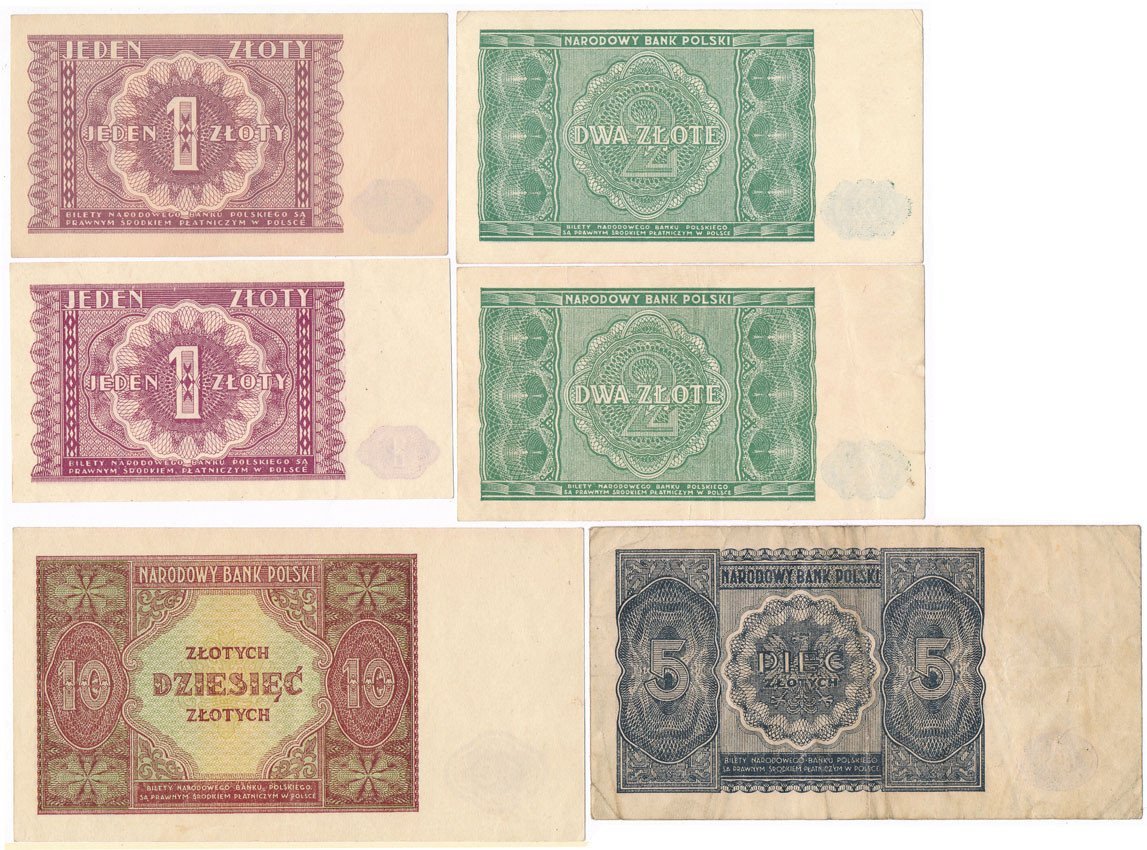 Banknoty. Zestaw 6 banknotów o 1 do  10 złotych 1946
